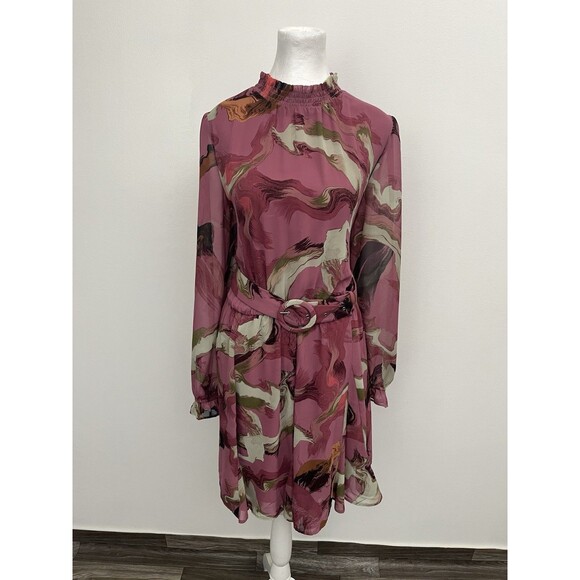 Nine West Women's Long Sleeve Belted Chiffon Mini Dress Large Mock Neck - Picture 2 of 14